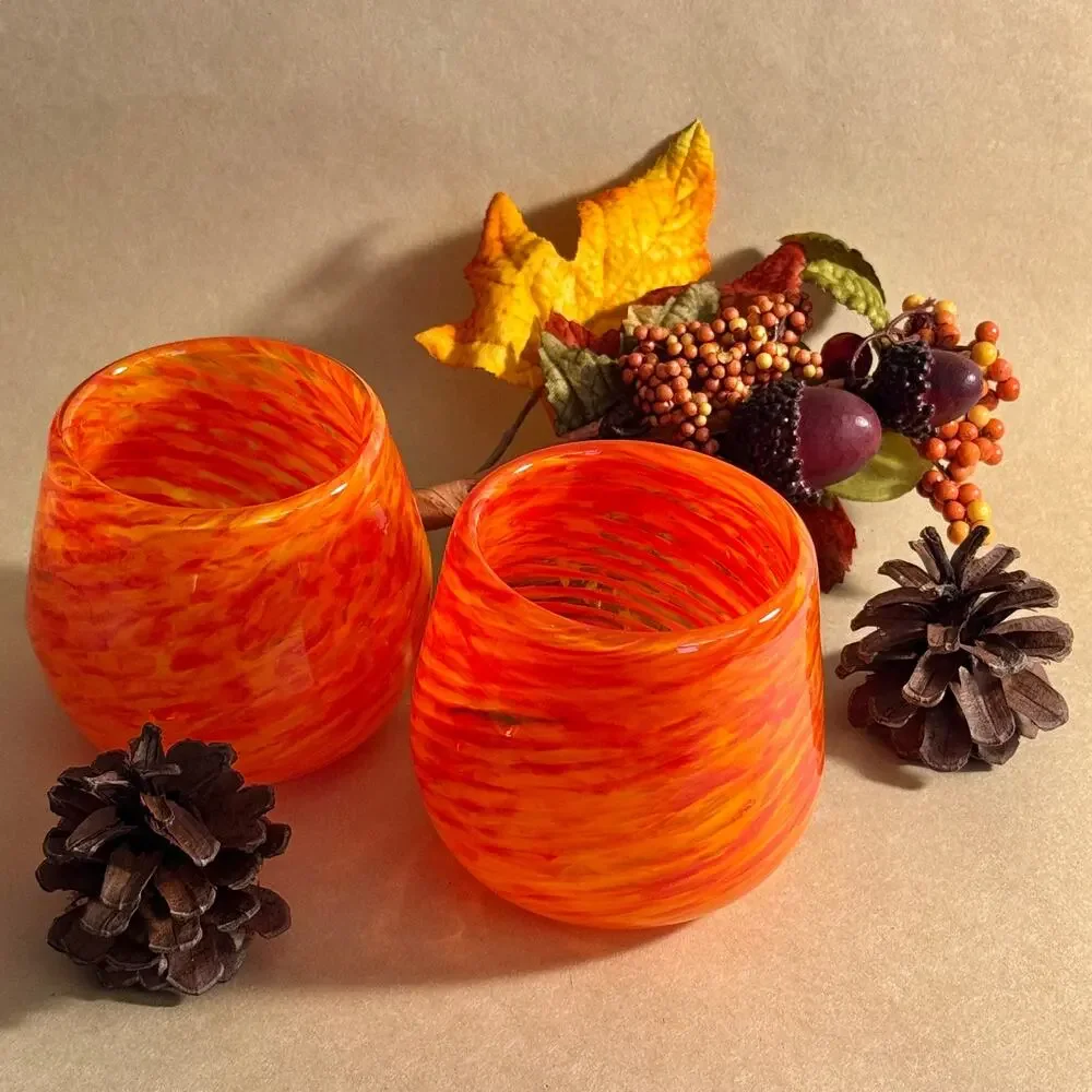 Orange Swirl Art Glass Cups Set of 2, Handblown, Halloween Fall Decor